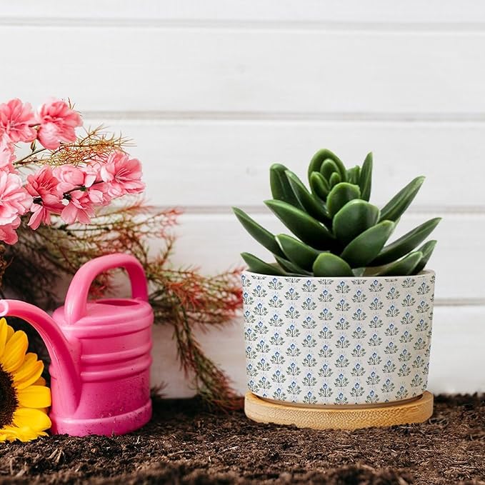 Blue Floral Ceramic Planter Mughal Flower Planters for Indoor Plants with Drainage Holes and Saucers Pot for Pots Outdoor Indoor Plants