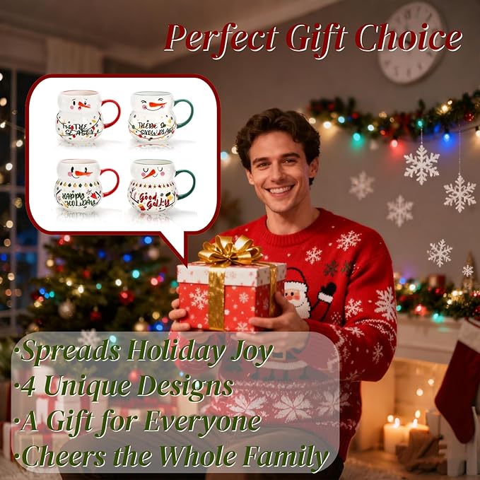 4 Pack Christmas Mugs Set, 15oz Ceramic Snowman Coffee Cup, Stackable Holiday Xmas Tea Mug for Hot Cocoa Cold Water Milk, Housewarming Gift Home Decor, Dishwasher Microwave Safe(4 Styles)