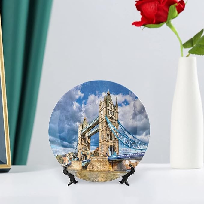 XISUNYA 7 Inch Decorative Plate, London Ceramic Plate, Historical Tower Bridge on River London UK British Day Time Print Ceramic Wall Hanging for Fine Dining, Dinner Parties, Weddings, Catering
