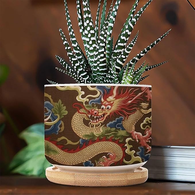 5 Piece Antique Chinoiserie Dragon Small Ceramics Pots for Plants Asian Style Chinoiserie Houseplant Pot for Succulent Dragon Gold Oriental Style Asian Ceramics Planters for Indoor