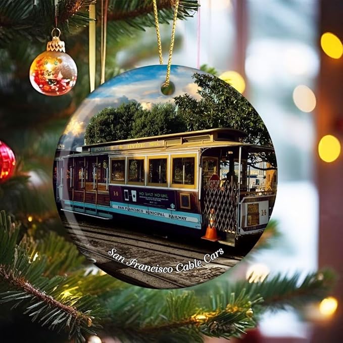 California San Francisco Cable Cars USA America Christmas Ornaments Ceramic Round Hanging Pendant Xmas Decor City Travel Souvenirs 3" Porcelain Double Sided