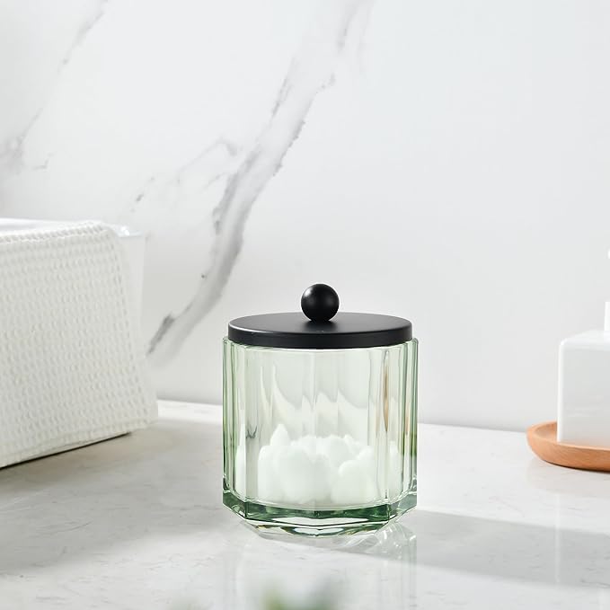 Sage Green Translucent Apothecary Octagional Shaped Glass Canister Jar With Black Metal Lid Cover for Bathroom Organization, Cotton Balls, Q Tips, and Small Accessories, Bathroom Storage