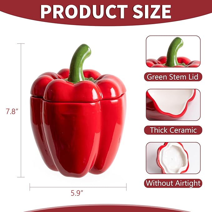 Bell Pepper Food Storage Jar, Red Ceramic Cookie Jar with Lid, Unique Decorative Candy Container Jar, Kitchen Canister Decorations for Home Kitchen Special Housewarming Gift