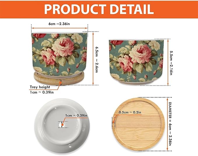 3 Piece Planters Ceramics Pink Cabbage Roses Romantic Small Ceramics Planter Cottage Chic Antique Pink Flower Ceramics Round Planter Asian Scenery Chinoiserie Plant Pot with Drainage