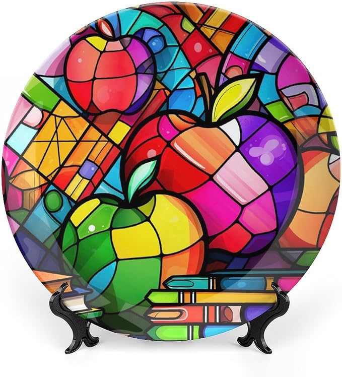 Decorative Plates for Wall Hanging, Colorful Books & Apples Stained Glass Painting Ceramic Plate w/ Display Stand, Home Decor for Kitchen Cabinets, Round Tray 6 Inch, Gift for Teacher Or Student