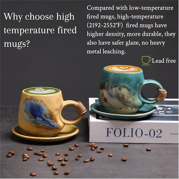8oz Small Vintage Japanese Style Handmade Ceramic Tea Cup with Saucer , Lead-Free Cappuccino Mug, Artisanal Coffee Mug with saucer set,Handcrafted mug with handle, For Espresso, Latte ,Teal Green