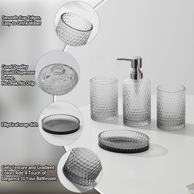 Bathroom Accessories Set, 4Pcs Clear Glass Bathroom Set, Hand Soap Dispenser, Toothbrush Holders, Tumbler, Bar Soap Dish for Modern Bath Decor Organizers and Storage Countertop Sink (Grey)