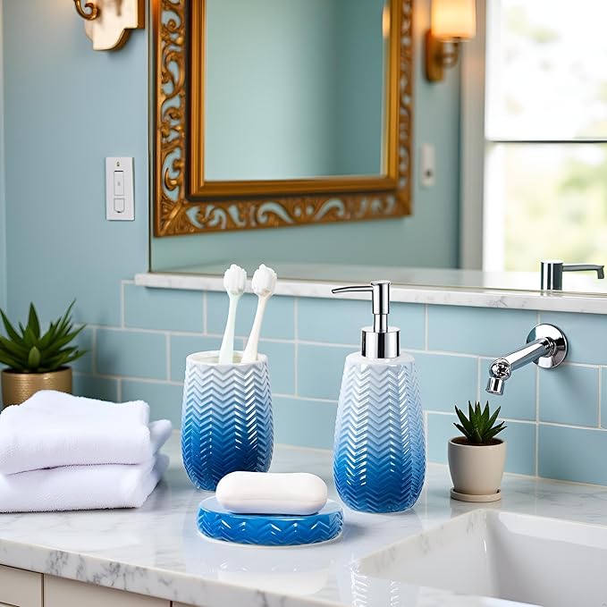 Blue Bathroom Accessories Set, 3Pcs Ceramic Bathroom Accessory Set Complete/Lotion Soap Dispenser, Toothbrush Holder, Soap Dish, Silver Bathroom Decor Sets, Gift for Home Apartment