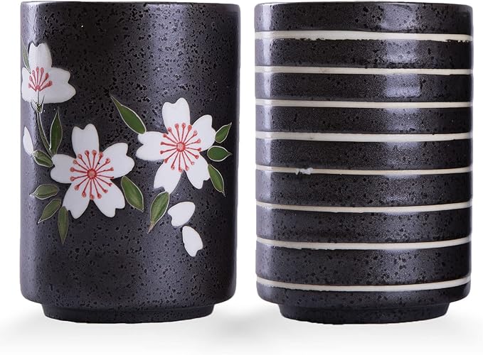 WHJY 10oz Transitional Chinese/Japanese style Handle-less Ceramic Tea cups teacup, Cherry Bloom & Line Pattern Set of 2