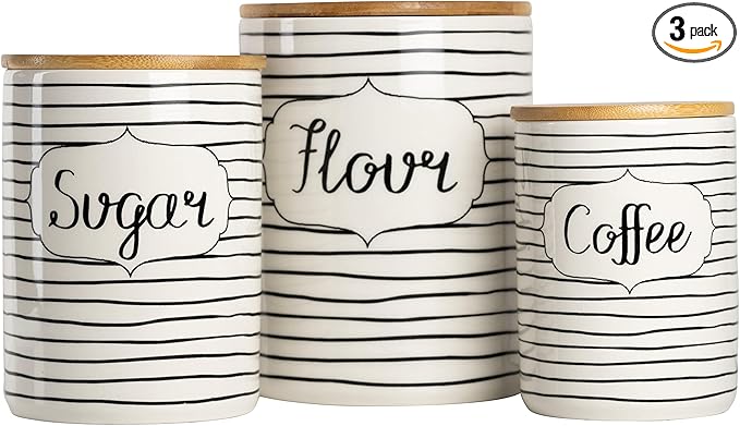 10 Strawberry Street Everyday Coffee, Sugar, Flour 3 Piece Canister Set, White/Black
