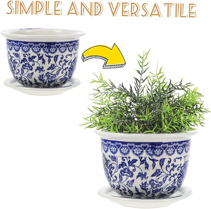 DOITOOL Blue and White Porcelain Plant pots with Drainage Holes and Drainage Tray for Indoor and Outdoor Plants, Ceramic Flower Pots