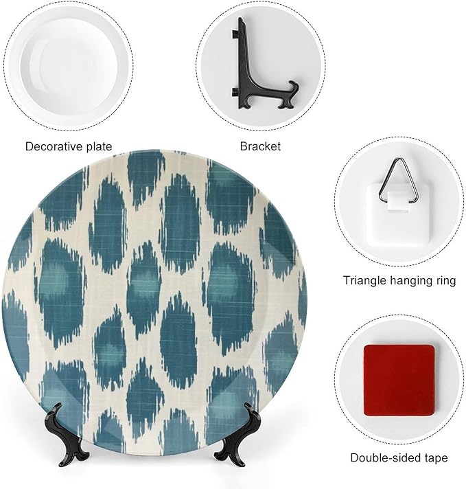 Vintage Plates Blue Ikat Customize Decor for Kitchen Art Decoration Home Wall Ceramic Craft for Decorative Ornaments 1 Plate with 1 Display Stand, Multi Sizes by Choosing, Gifts for Men Women