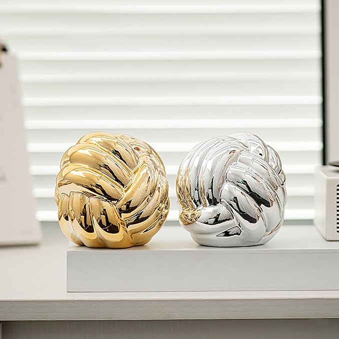 Hotfiary Small Ceramic Knot Statues Gold Home Decor, Modern Style Figurine Decorative Ball Ornaments, Sculpture Aesthetic Decor for Living Room, Bedroom, Apartment, Bookshelf, Office, Cabinets