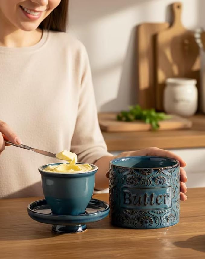 TEATALK Ceramic French Butter Crock - Vintage Relief Pattern Butter Keeper with Water Seal, 6.7oz Midnight Blue Butter Dish for Fresh Spreadable Butter, Farmhouse Kitchen Decor & Gift