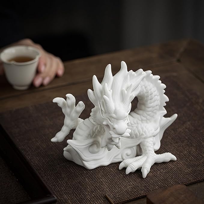 SWLOM Garden Decor Chinese Feng Shui White Dragon Figurine, Asian Patio Decor, Ceramic Oriental Dragon Sculpture Tabletop Ornaments