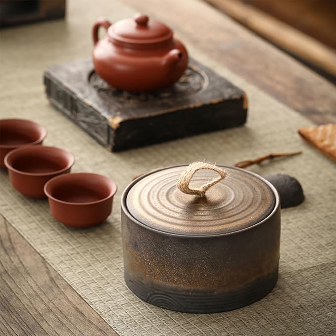 Retro ceramic storage jar - multifunctional jar for tea, coffee, and sugar - decorated kitchen container with lid (B)