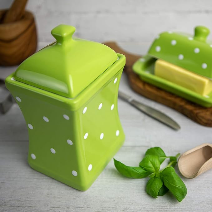 City to Cottage Handmade Lime Green and White Polka Dot Large Ceramic 31.5oz/900ml Kitchen Storage Jar with Lid | Pottery Canister, Cookie Jar, Housewarming Gift
