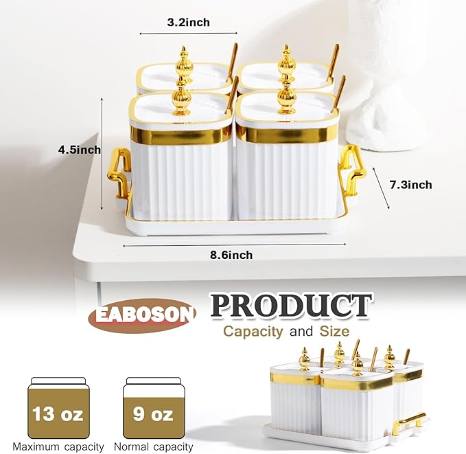 4 Pack Gold Condiment Spice Jars with Lids, Spoons, Tray - Plastic Seasoning Box Set for Salt, Pepper, Sugar - Kitchen Storage
