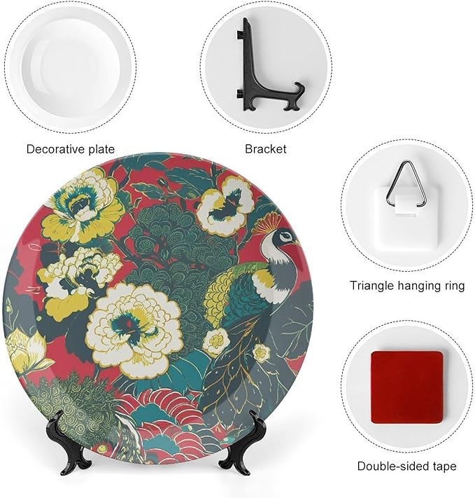 Chinoiserie Red Flowers Vintage Plates of 6", 7", 9", 10", Custom Peacock Birds And Floral Ceramic Salad Plates, Wall Club Decorations Wedding, with Display Stand And Hook Up