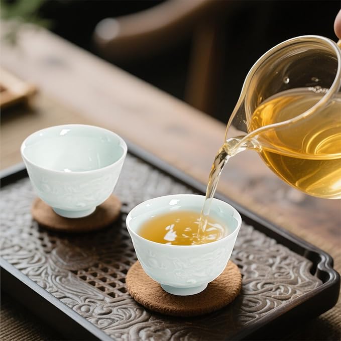 2Pcs Ceramic Tea Cup, 1.5 Oz Handmade Chinese Teacup, Mini Japanese Sake Cups, No Handle Asian Embossed Double Dragon Cup for Kungfu Style Tea Ceremony, Hot Tea, Matcha, Dishwasher Safe
