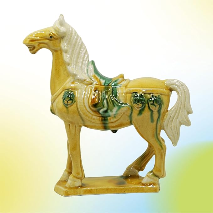 Handmade Tang Dynasty Tri-Color Horse Ceramic Sculpture - 19cm Traditional Chinese Cultural Art Decor - Symbol of Prosperity & Good Fortune - Perfect for Home, Office, Bookcase Shelf (Yellow)