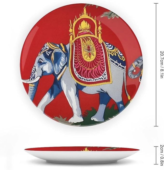 Home Decorations Vintage Plates, Thibaut Elephant French Toile in Red Customize Christmas Gifts Ceramic Dinner Plates for Kitchen Wall Housewarming Gifts Decor, with 1 Display Stand