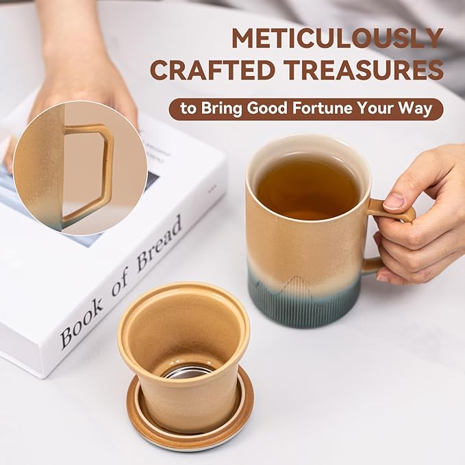 Ceramic Tea Mug with Infuser & Lid, 15oz Kiln-Transformed Unique Cup – Nature's Artisan Design, Loose Leaf Tea Cup with Infuser, Insulated Ceramic Coffee Mugs with Lid, Gift for Women/Men