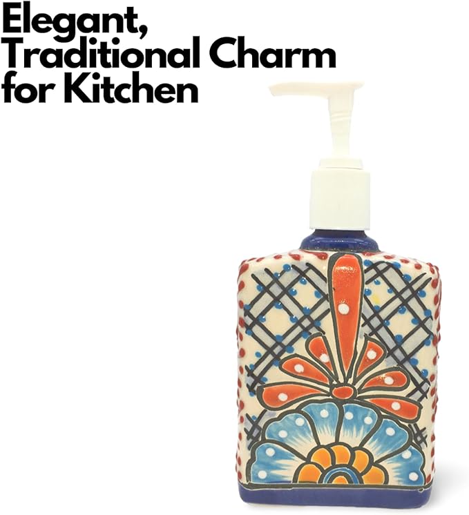 Talavera Ceramic Soap & Lotion Dispenser, for Kitchen or Bathroom Countertops - Pastel Hues Hand Painted Mexican Pottery - Jabonera Pastel