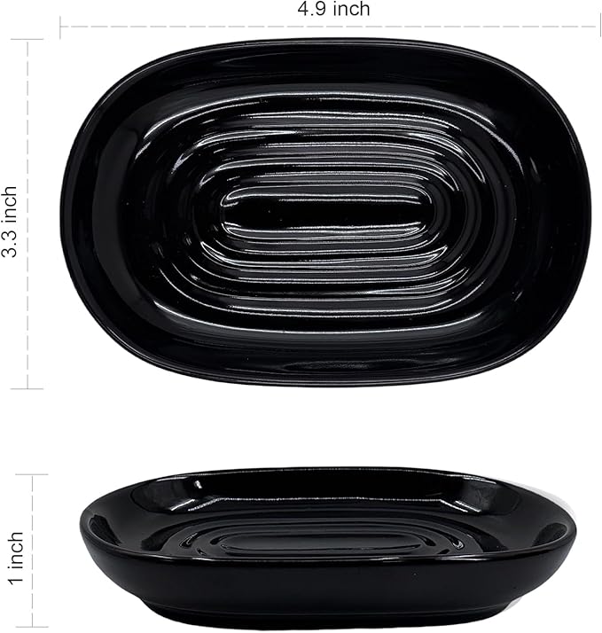 Soap Dish, Ceramic Soap Dish with Marble PatternShower, Soap Saver Tray for Bathroom, Kitchen Sink & Vanity, Multi-Use Holder for Jewelry, Rings, Keys (1 Pack, Black)