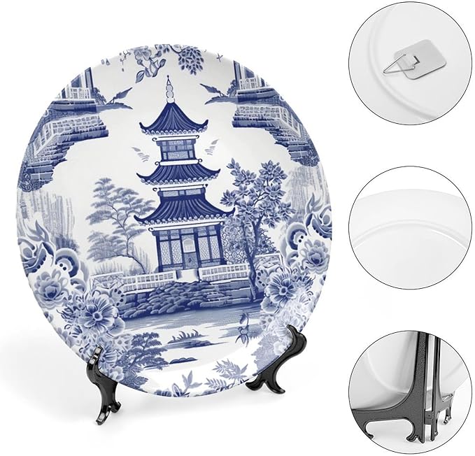 Chinoiserie Blue Asian Pagoda China Plates for Display Festival Wedding Supplies Wall Farmhouse Holiday Party Decorations Personalized Gifts for Men Women Christmas, 6", 7", 9", 10"