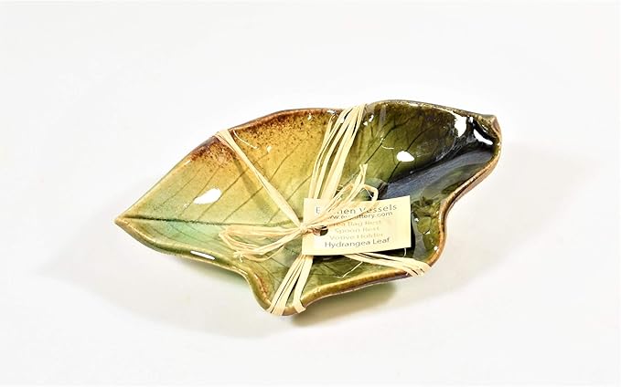 Earthen Vessels Pottery, Stoneware Hydrangea Leaf Spoon Rest, Tea Bag Coaster, Ring Dish or Tea Light Holder, Set of 3, In Summer Forest Green,