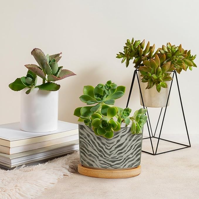 Tiger Fur Skin Planter Ceramic Animal Strip Print Round Flower Pots with Drainage Holes and Bamboo Tray Pot for Succulents Cactus Garden Windowsill