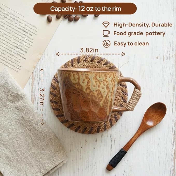 10oz Retro Vintage Japanese Style Handmade Ceramic Tea Cup with Handle, Lead-Free Glaze Artisanal Coffee Mug, Comfortable handle Handmade Pottery Tea Mug for office and home,Brown