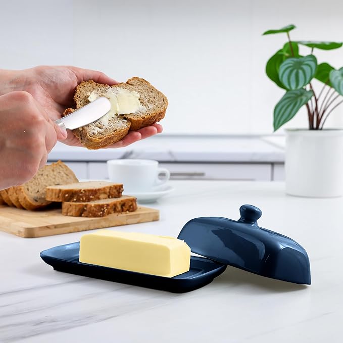 Zulay Butter Dish With Lid For Countertop - Porcelain Blue, Ceramic Butter Dish with Knob Handle Great for Cooking - Elegant Design Butter Holder - Durable & Sturdy Butter Keeper - Dark Blue