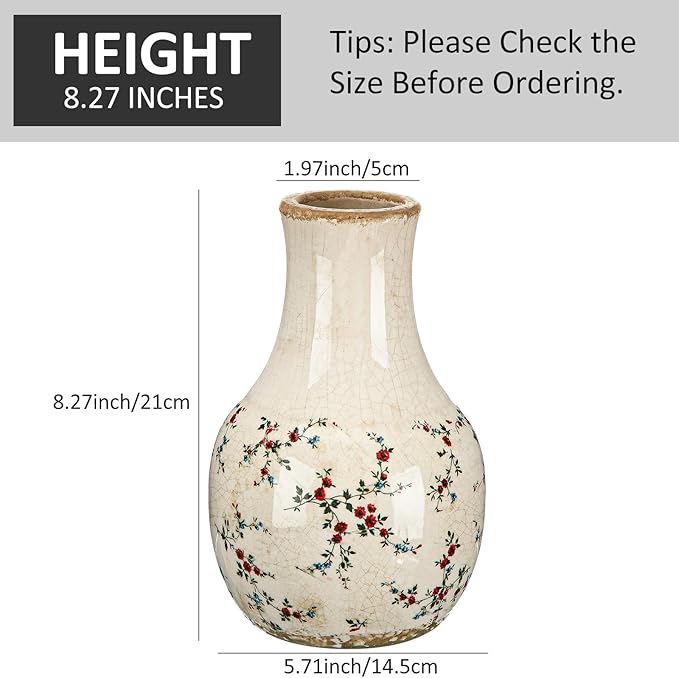 LemonRoad Vintage Ceramic Flower Vase 5.7 Inch Chinoiserie Ice Cracked Glaze Porcelain Vase Rustic Ceramic Large Centerpieces for Home Table Living Room Bookshelf Office(Rose Style)
