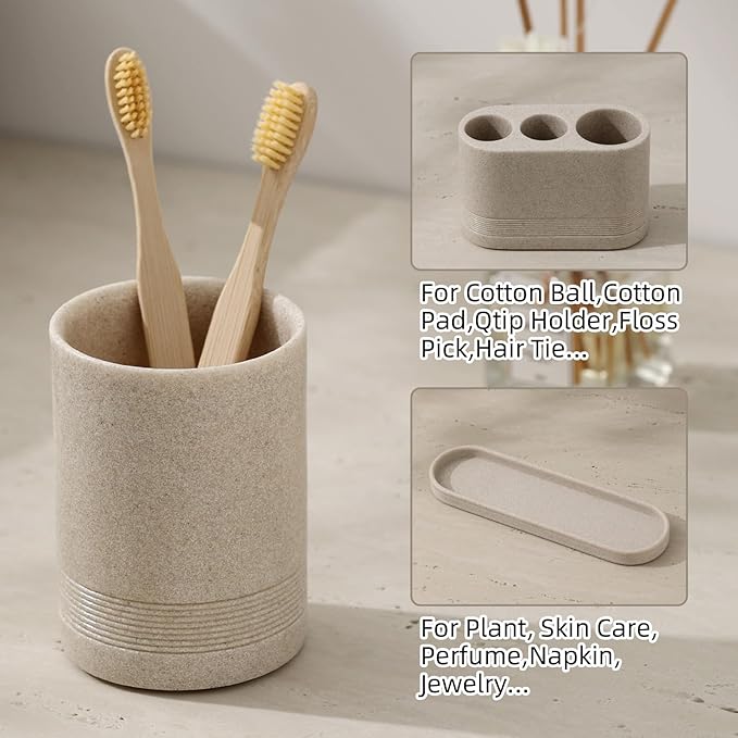 Bathroom Accessories Set, 4 pcs Toothbrush Holders Set Included 3 Slots Electric Toothbrush and Toothpaste Holder Stand, 2 Tumblers & Tray for Bathroom Countertop Sink Modern Decor (Beige)