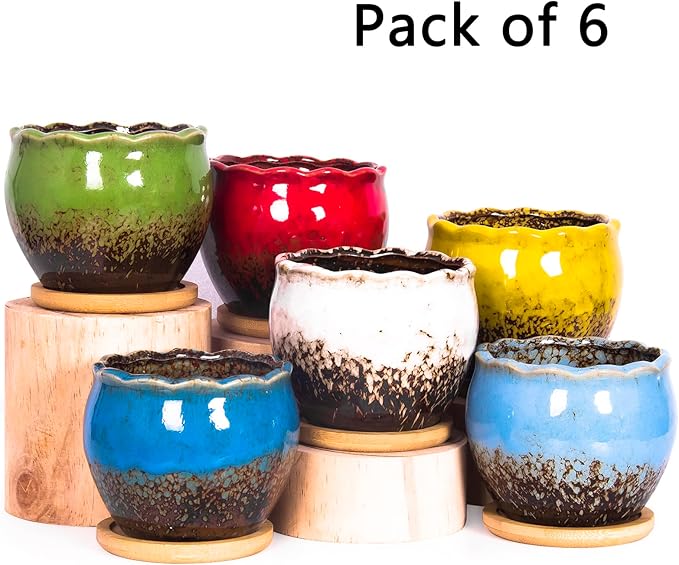 ARTKETTY Succulent Pots - 4 Inch Ceramic Succulent Planters with Drainage Tray Set of 6, Small Cactus Pots for Indoor Plants Colorful Flower Plant Pots for Desk Windowsill
