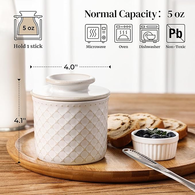 DOWAN French Butter Crock for Counter with Water, Ceramic Butter Dish with Lid for Countertop, Butter Holder for Soft Spreadable Butter, Butter Keepers to Leave on Counter, Embossing, Off-white