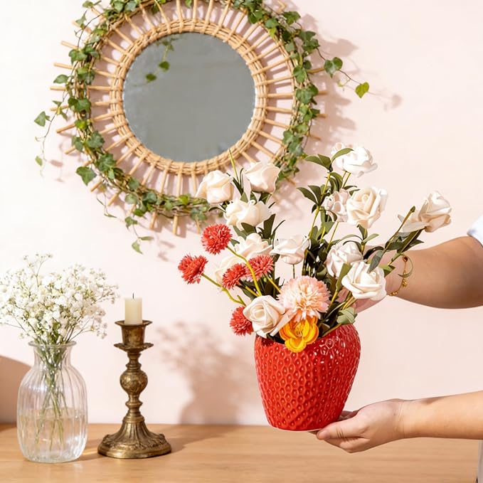 HAN SHENG Decorative Ceramic Strawberry Utensil Holder - Cute Kitchen Countertop Organizer for Spoons, Forks & Cooking Tools, Durable Flatware Storage, Stylish Home Decor Gift Idea