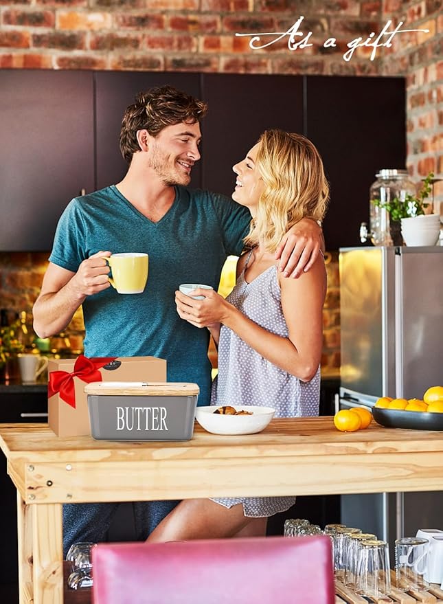 Butter Dish with Lid, Home Decor, Large Butter Dish for Countertop Ceramic Butter Keeper Container with Knife and High Quality Silicone Sealing Butter Box Good Kitchen Gift Grey