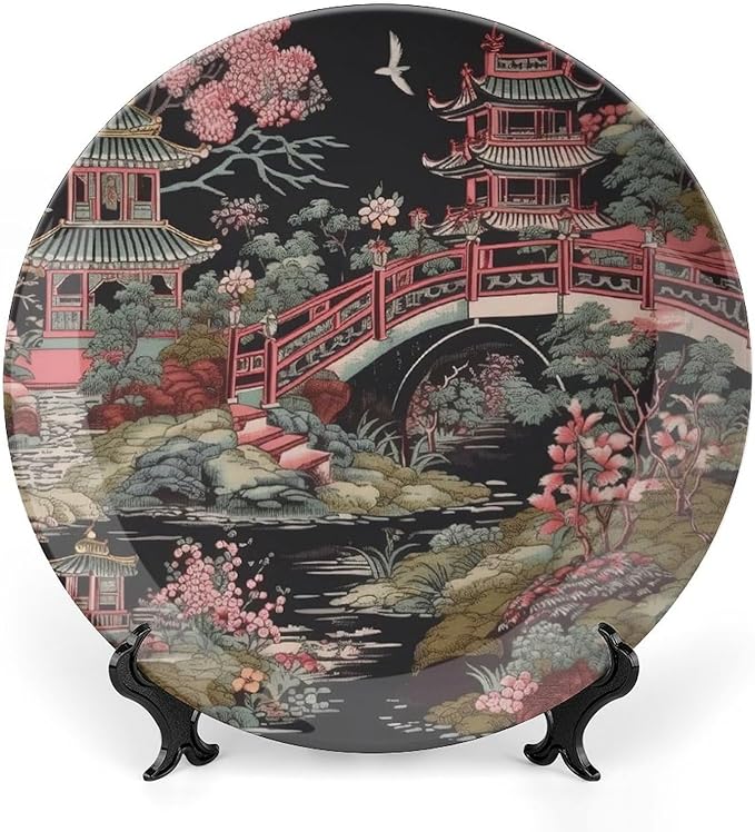 Chinoiserie Charcoal Coral Pagoda Asian Fashion Plates, Chinese Style Pagoda Ceramic Dinner Plates for Kitchen Display Decor, Including Bracket And Special Hook Art Decorations for Home Office