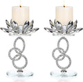 OwnMy Set of 2 Crystal Lotus Flower Candlestick Holders Metal Glass Lotus Pillar Candle Holders, Silver Crystal Lotus Votive Candlesticks Tealight Candle Stands for Wedding Table Centerpiece, 6.1" H