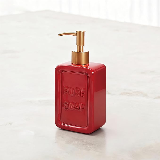 Ceramic Retro Soap Dispenser with Gold Pump, 15oz Capacity, Premium Ceramic Design for Bathroom or Kitchen (Red)