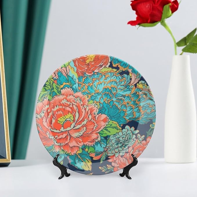 Ceramic Decorative Plate Chinoiserie Peony Floral Personalized Decor for Farmhouse Club Art Decoration Wall Ceramic Dinner Plate with Vertical Stand, Multi Sizes by Choosing, Gifts for Men Women