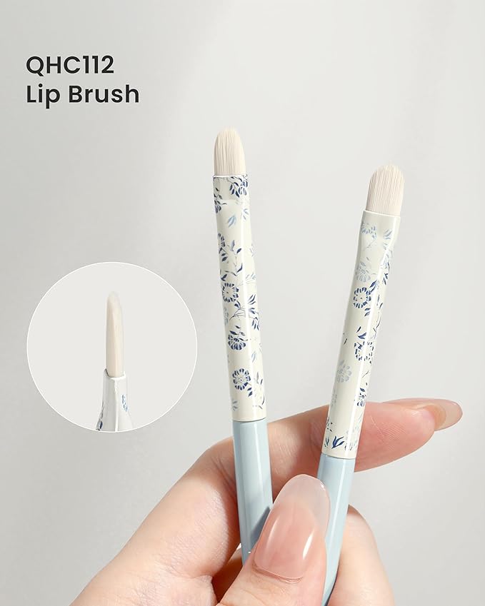 Indigo Artisan Series Tongue Lip Brush - Curved Nylon Bristles for Lipstick, Gloss & Eyeshadow, Blue Porcelain Ferrule & Lacquered Wood Handle (QHC 112)