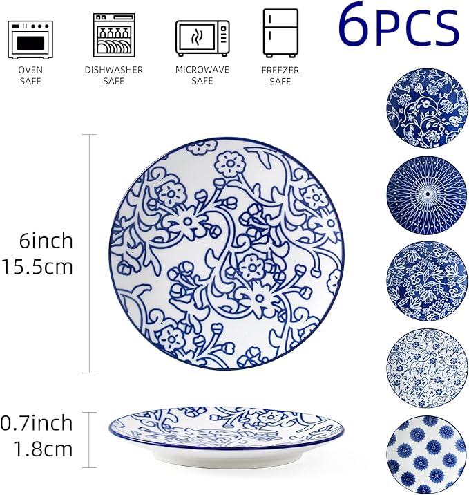 Ceramic Dessert Plates Set - 6 Inch Mini Appetizer Plates for Kitchen - Small Salad Plate for Snacks Side Dish Cake, Gift, Microwave Dishwasher Safe, Vintage Blue