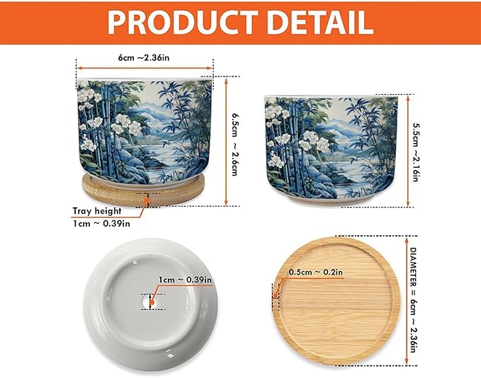 Blue and White Asian Scenery Ceramics Plant Pot Set of 3 Blue Bamboo and Flower Cactus Planter for Indoor with Drainage Holes Asian Scenery Chinoiserie Small Ceramics Pots for Plants