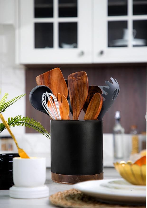 Nucookery 360°Rotating Utensil Holder, 7.2" Kitchen Utensil Crock, Ceramic Cooking Utensil Organizer with Countertop-Protection Cork Bottom for Farmhouse Kitchen Decor Christmas (Stone Black)