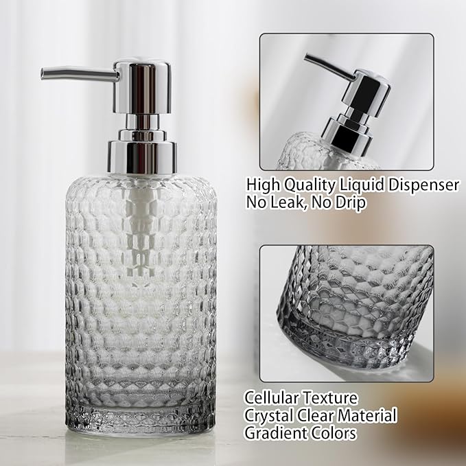 Bathroom Accessories Set, 4Pcs Clear Glass Bathroom Set, Hand Soap Dispenser, Toothbrush Holders, Tumbler, Bar Soap Dish for Modern Bath Decor Organizers and Storage Countertop Sink (Grey)