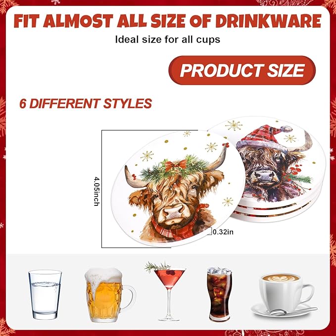 Whaline 6 Pcs Christmas Coasters Cup Mat with Metal Holder Watercolor Highland Cow Snowflake Ceramic Drink Coasters for Xmas Winter Holiday Animal Party Home Table Decor